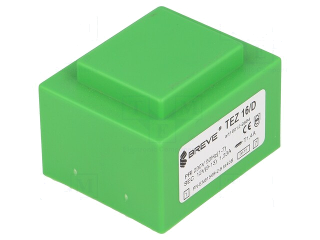 Transformator: ingegoten; 16VA; 230VAC; 12V; 1333,3mA; PCB; IP00 Transformator: ingegoten; 16VA; 230VAC; 12V; 1333,3mA; PCB; IP00